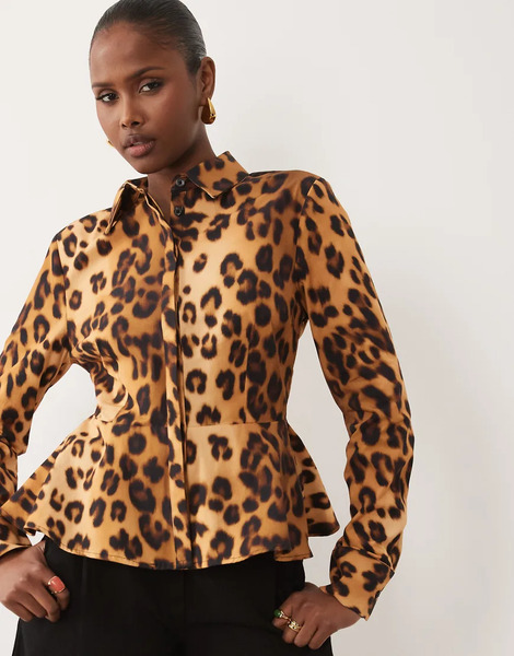  Asos Design Cinch Peplum Shirt In Leopard Print Multi 