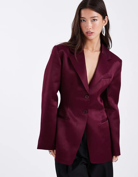  Asos Design Cinch Satin Blazer In Plum Red 