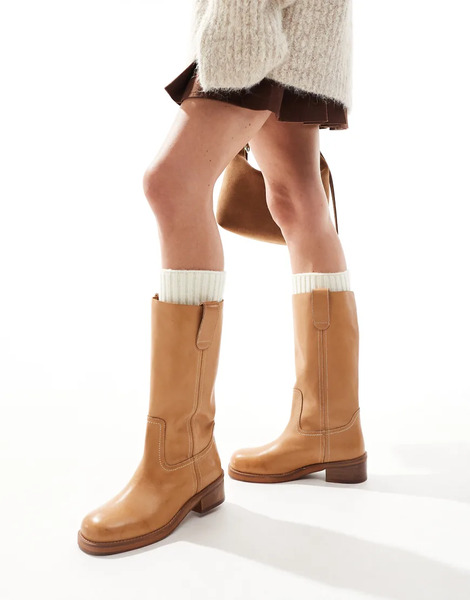  Asos Design Cindy Leather Pull On Boot In Camel Brown 