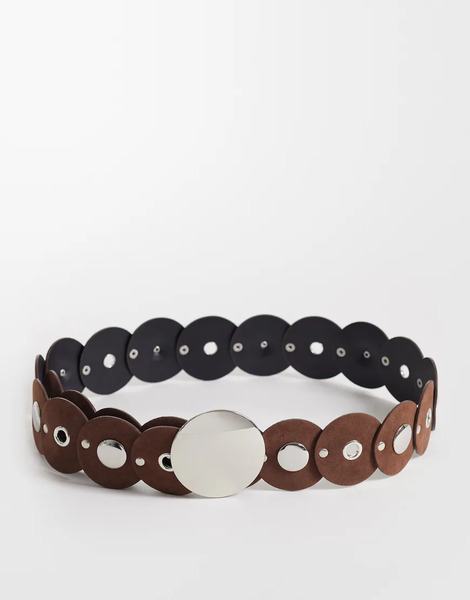  Asos Design Circle Disc Belt With Silver Hardware In Brown 