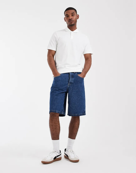  Asos Design Circular Design Collection Denim Jorts In Mid Wash Blue 