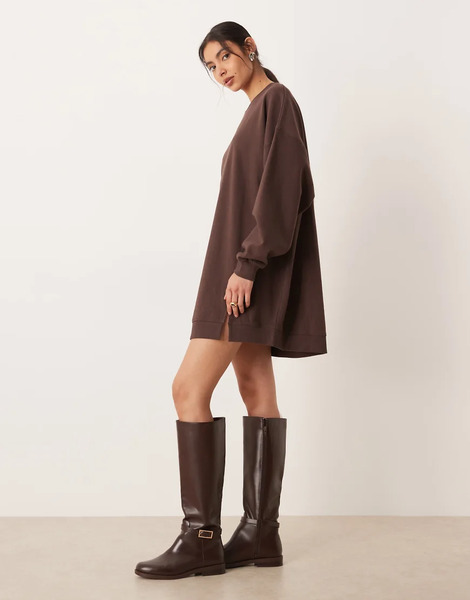  Asos Design Circular Design Collection Dipped Hem Sweat Mini Dress In Chocolate Brown 