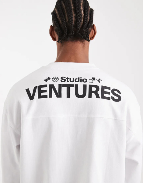  Asos Design Circular Design Collection Super Heavyweight Oversized Long Sleeve T Shirt With Venture Studios Graphic In White 