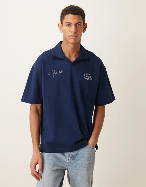  Asos Design Circular Design Collection Super Heavyweight Oversized Polo With Chest Print In Navy 