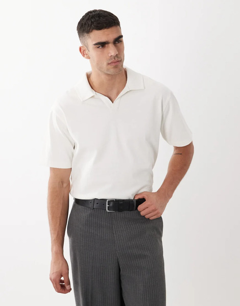  Asos Design Circular Design Collection Super Heavyweight Relaxed Revere Polo In Greige Neutral 