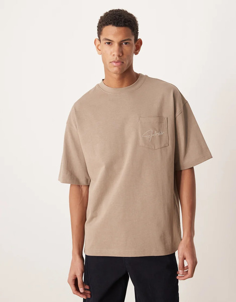 Asos Design Circular Design Collection Super Heavyweight Relaxed T Shirt With Front Pocket Embroidery In Brown 