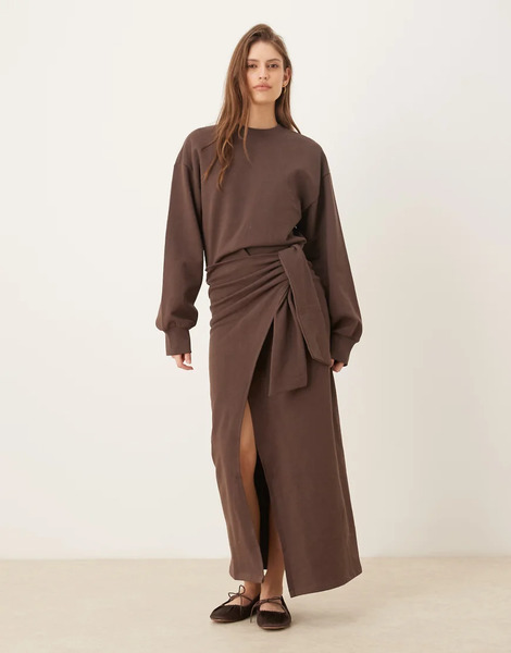  Asos Design Circular Design Collection Wrap Midi Sweat Dress In Chocolate Brown 