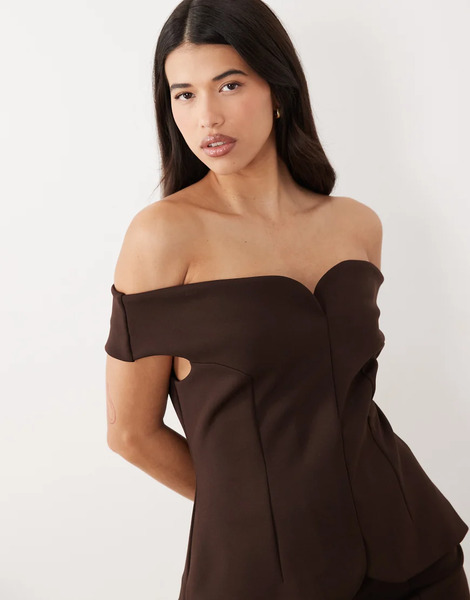  Asos Design Co Ord Bonded Off Shoulder Tailored Top In Ivory Brown 