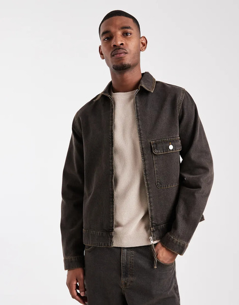  Asos Design Co Ord Denim Harrington Jacket In Brown 