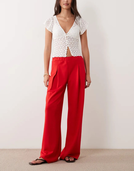  Asos Design Co Ord Interlock Pleated Pull On Wide Leg Trousers In Red 