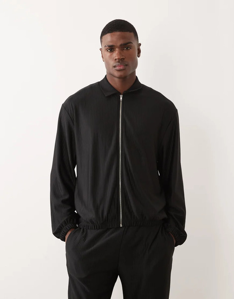  Asos Design Co Ord Oversized Zip Through Harrington Jacket In Black Rib 