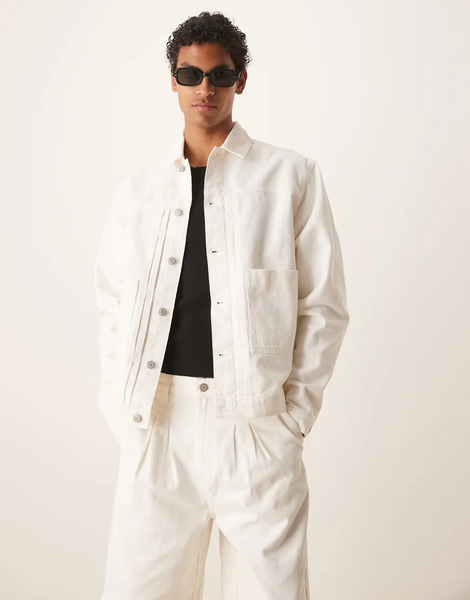  Asos Design Co Ord Pleated Harrington Jacket In Ecru White 