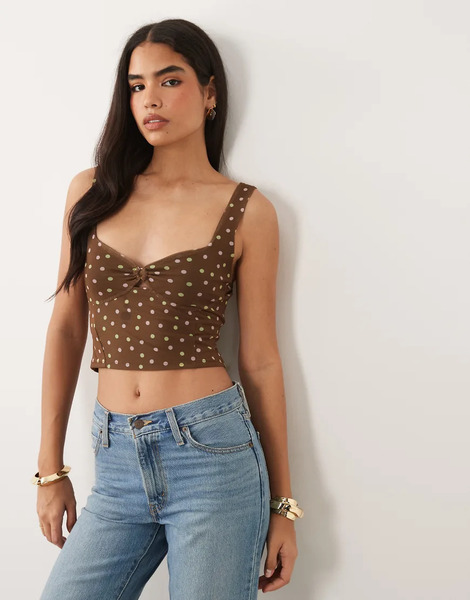  Asos Design Co Ord Printed Mesh Bralet In Brown Polka Dot Multi 