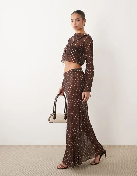  Asos Design Co Ord Printed Mesh Maxi Skirt In Brown Geometric Spot Multi 