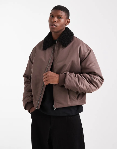  Asos Design Coach Jacket With Faux Fur Collar In Brown 