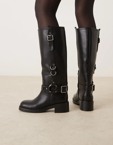  Asos Design Cobra Buckle Harness Knee Boots With Silver Hardware In Black 