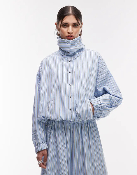  Asos Design Collared Button Up Shirt Jacket In Blue Stripe Multi 