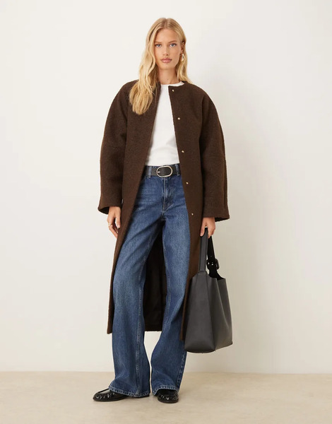  Asos Design Collarless Boucle Longline Formal Coat In Bitter Chocolate Brown 