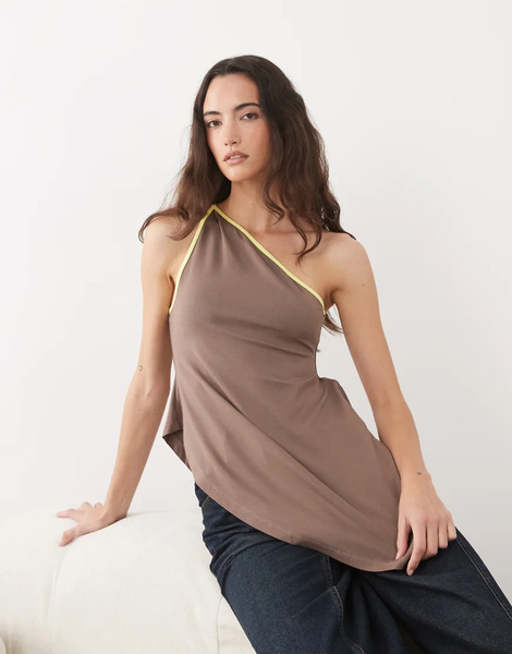  Asos Design Contrast Binding Floaty One Shoulder Hanky Hem Top In Brown 