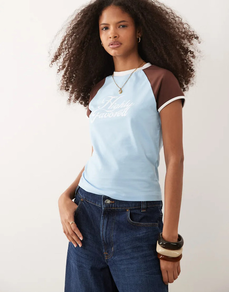  Asos Design Contrast Raglan Sleeve T Shirt With Highly Favoured Graphic In Light Blue And Chocolate Multi 