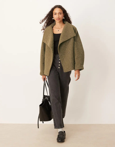  Asos Design Cosy Funnel Neck Oversized Jacket In Olive Green 