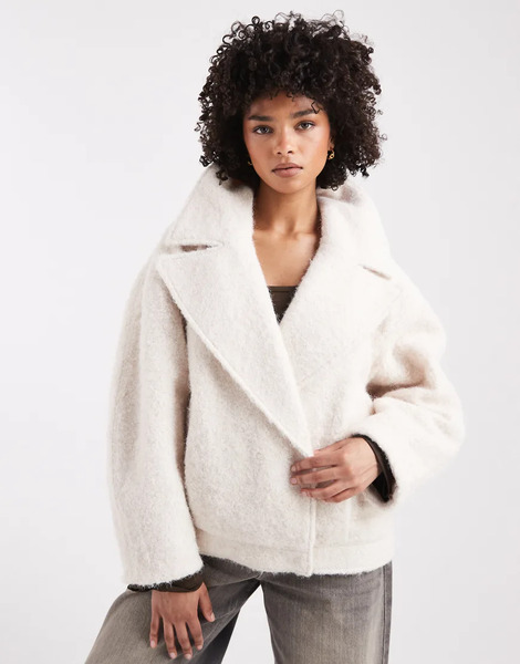 Asos Design Cosy Oversized Strong Shoulder Pea Coat In Cream White 