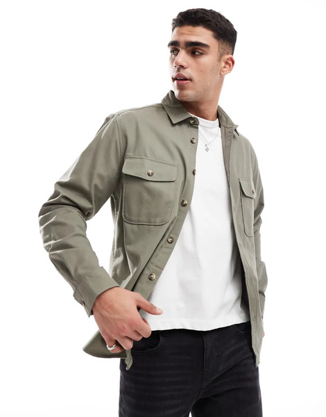  Asos Design Cotton Overshirt In Khaki Green 