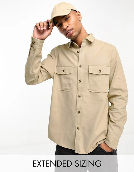  Asos Design Cotton Overshirt In Stone   Stone Neutral 