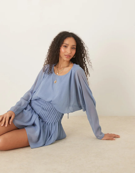  Asos Design Cowl Back Pleated Bodice Playsuit In Dusky Blue 