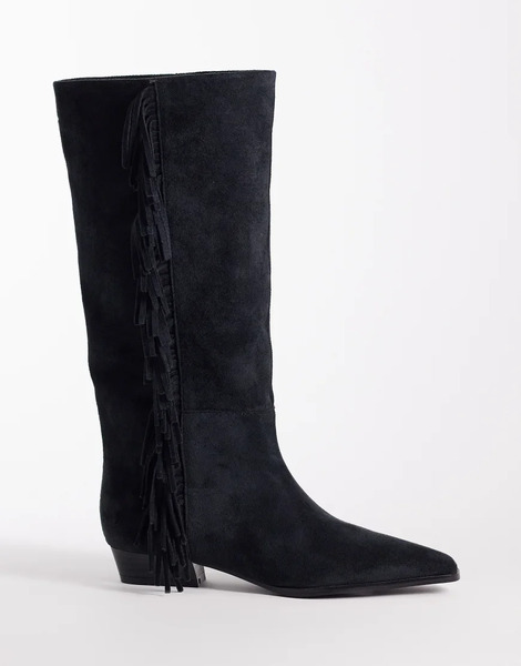  Asos Design Cressida Pull On Fringe Flat Knee Boots In Dark Charcoal Grey 