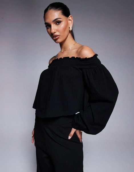  Asos Design Crinkle Off Shoulder Balloon Sleeve Top In Black 