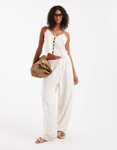  Asos Design Crinkle Texture Pull On Trousers In Stone Neutral 