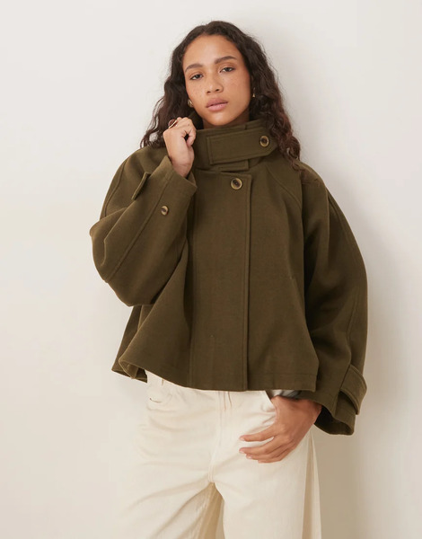  Asos Design Cropped Cape Formal Coat In Olive Red 