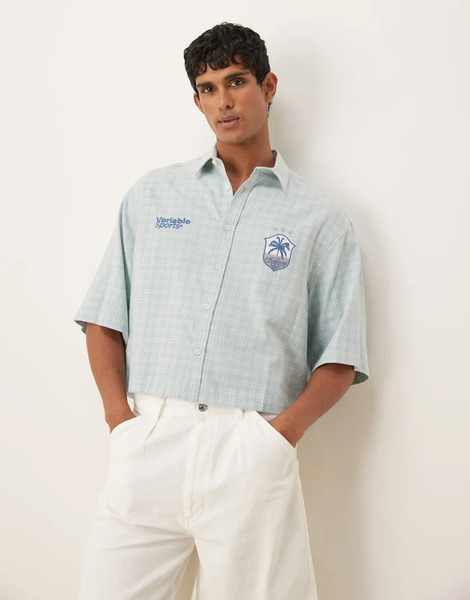  Asos Design Cropped Oversized Shirt In Blue Check 