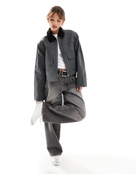 Asos Design Cropped Pocket Canvas Jacket In Grey 