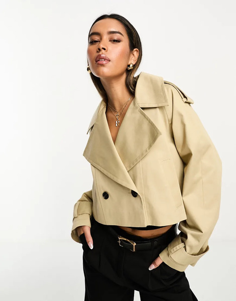  Asos Design Cropped Trench Coat In Stone Neutral 
