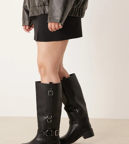  Asos Design Curve Cobra Buckle Harness Knee Boots With Silver Hardware In Black 