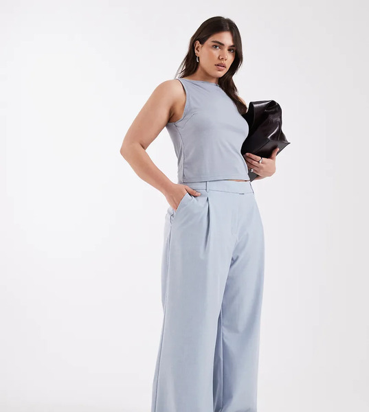  Asos Design Curve Tailored Low Rise Relaxed Trouser In Soft Blue   Grey 