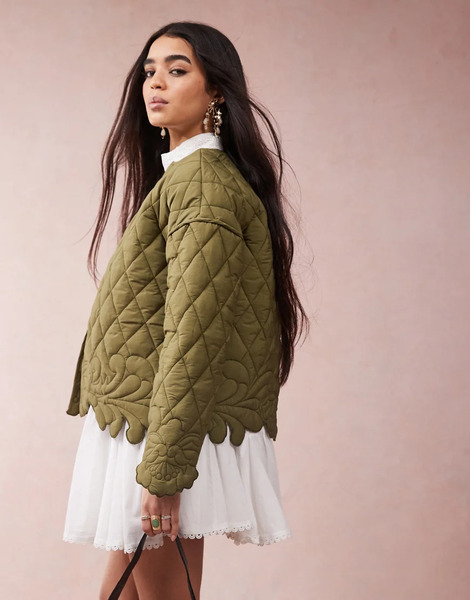  Asos Design Cut Work Quilted Jacket In Khaki No Colour 