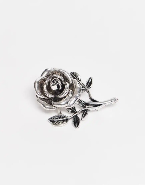  Asos Design 3d Rose Brooch In Burnished Silver 