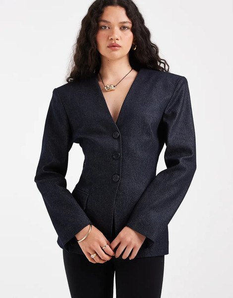  Asos Design Deep V Cinch Blazer In Indigo Blue 