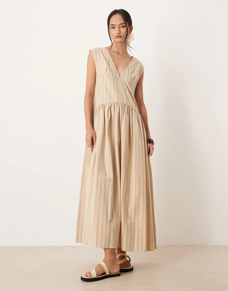  Asos Design Deep V Neck Oversized Maxi Dress In Stripe Print Multi 