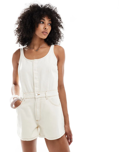  Asos Design Denim A Line Playsuit In Ecru White 