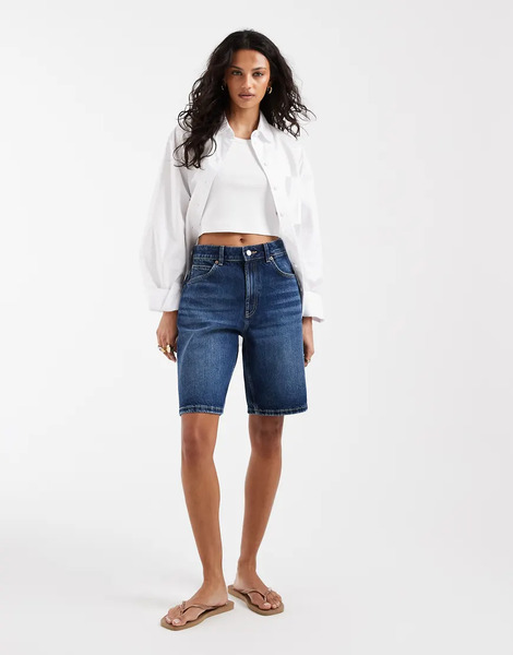  Asos Design Denim Bermuda Short In Dark Mid Blue Navy 