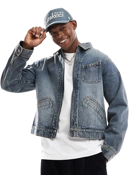  Asos Design Denim Boxy Harrington Jacket In Mid Wash Blue 
