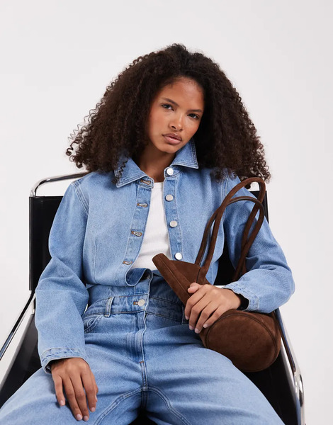  Asos Design Denim Boxy Jumpsuit In Mid Blue 