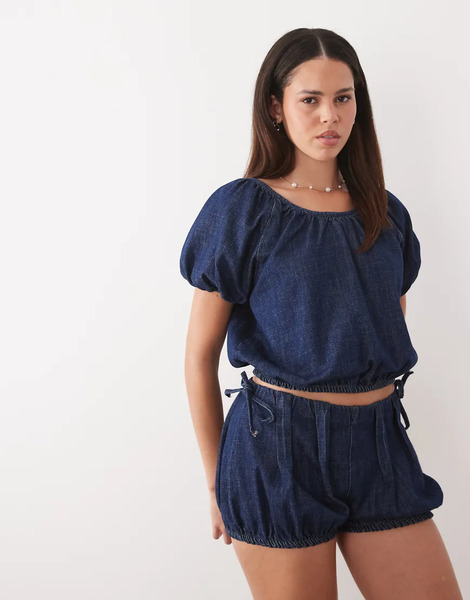  Asos Design Denim Bubble Hem Top Co Ord In Mid Blue 