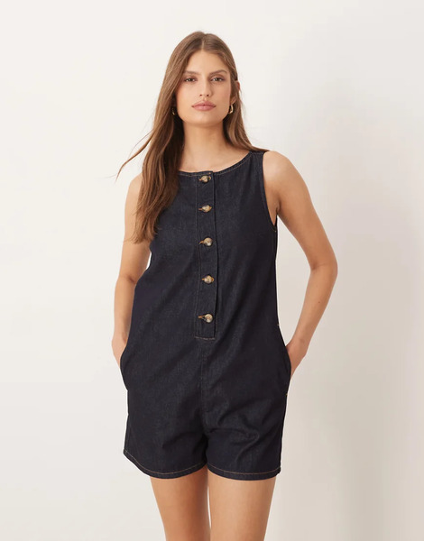  Asos Design Denim Button Front Playsuit In Indigo Navy 