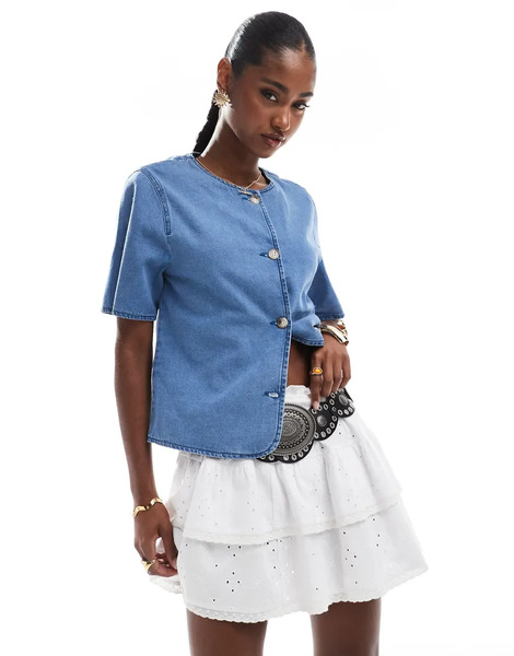  Asos Design Denim Button Through Short Sleeve Top In Mid Blue 