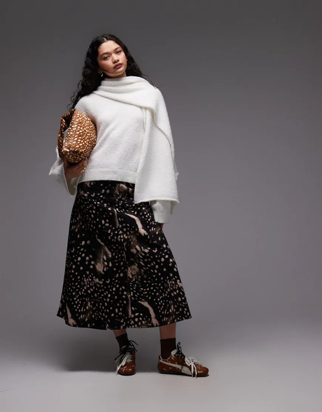  Asos Design Denim Circle Skirt In Animal Print Multi 